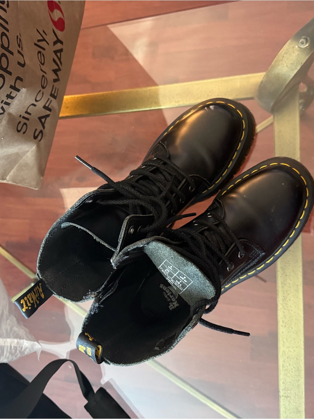 Dr. Martens Black Leather 8-Eye Lace-Up Boots with Yellow Stitching